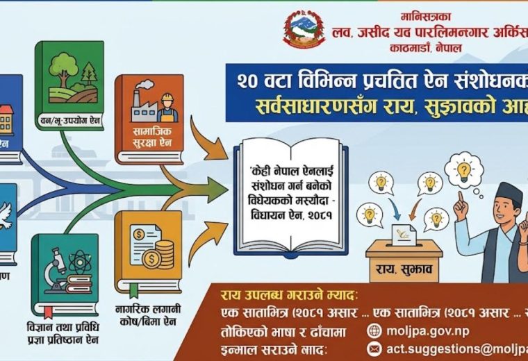 २० महत्त्वपूर्ण ऐन संशोधनको तयारी सरकारद्वारा जनतासँग सुझाव आह्वान २० महत्त्वपूर्ण ऐन संशोधनको तयारी सरकारद्वारा जनतासँग सुझाव आह्वान